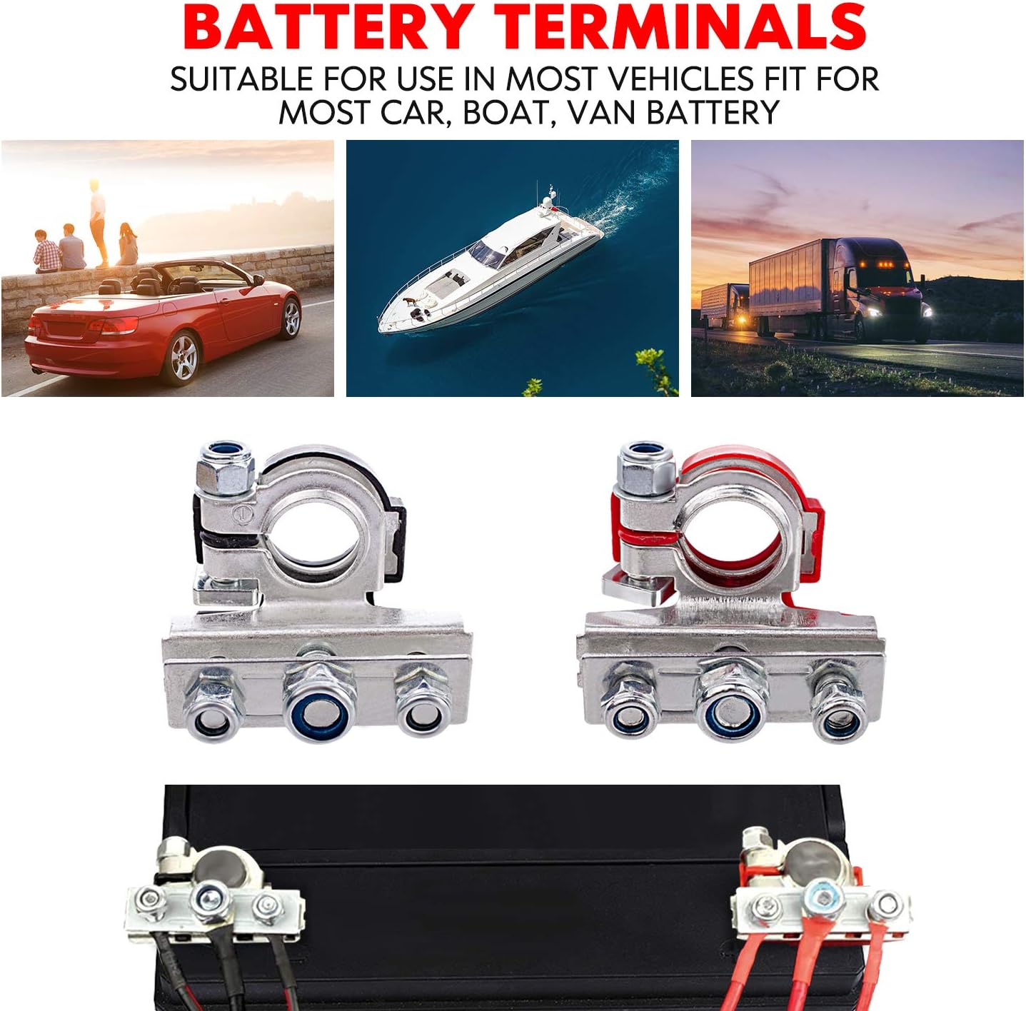 Battery Terminal Connectors with 3 Way, Top Post Battery Terminal Ends, Copper Plate, Positive and Negative, Applicated in Car,Boat, Van and More.(Copper Plate with 3 Bolt) Pack of 2