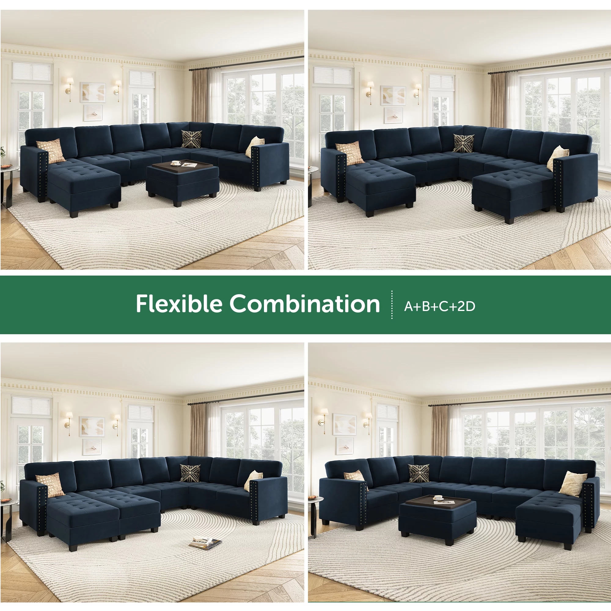 HONBAY U-Shape Tufted Sectional Couch for Apartment Living Room Sofa Couch Sets with Storage Reversible Ottoman(Tray), Dark Navy Blue