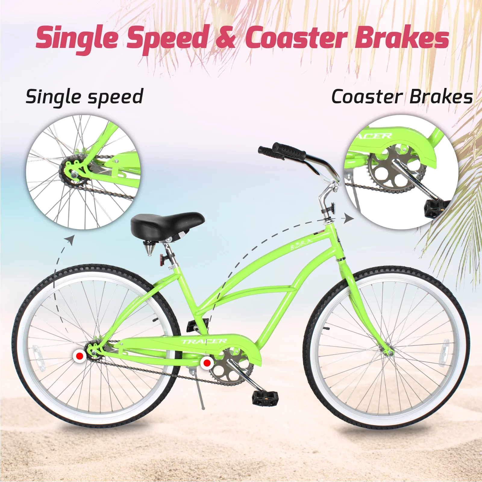 Tracer Lightweight Beach Cruiser Bike for Adult, 26 Inch Wheels, Featuring Steel Step Over or Step Through Hi Ten Steel Frame, Hybrid Bike, Coaster Brake, 1 Speed, Complete Cruiser, Mint Green, Female