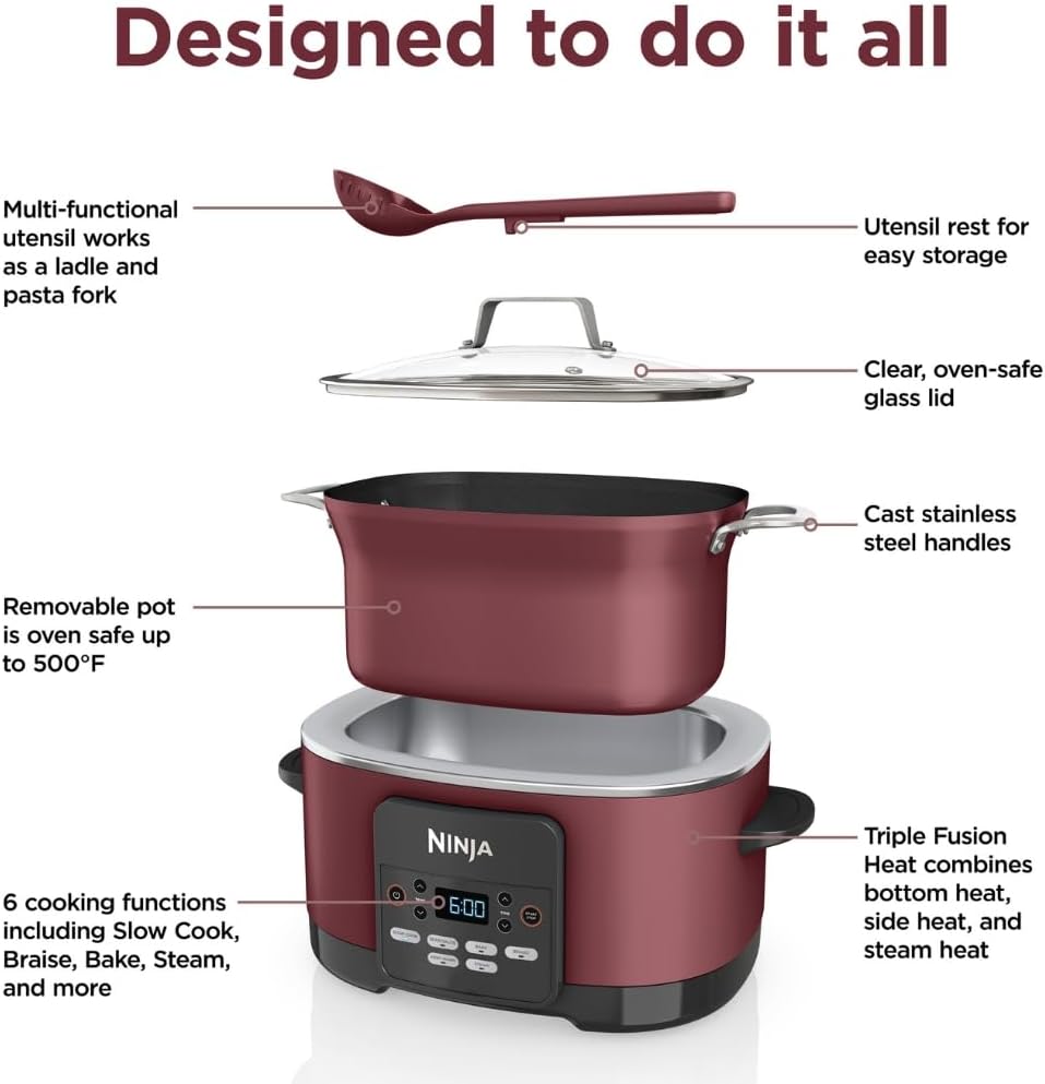 Ninja MC1000 Foodi Possible Cooker PRO 8.5 Quart Multi-Cooker, with 8-in-1 Slow Cooker, Dutch Oven, Steamer, Glass Lid Integrated Spoon, Nonstick, Oven Safe Pot to 500°F Cherry Tarte, EASY CLEANUP