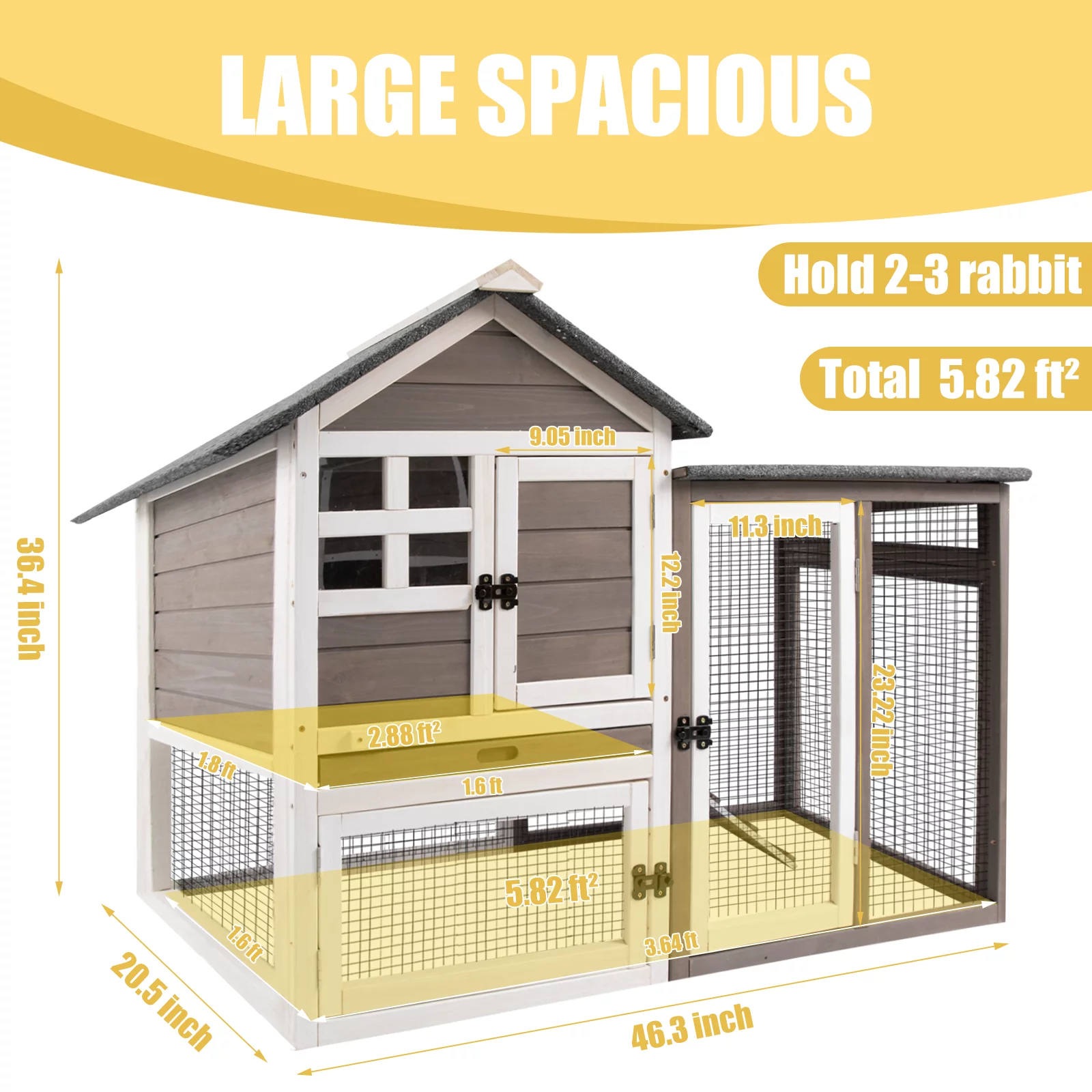 PetsCosset 46.3" Rabbit Hutch Indoor-Outdoor Rabbit Cages with Pull Out Tray Large FirWood Bunny Hutch Waterproof Asphalt Roof,Grey