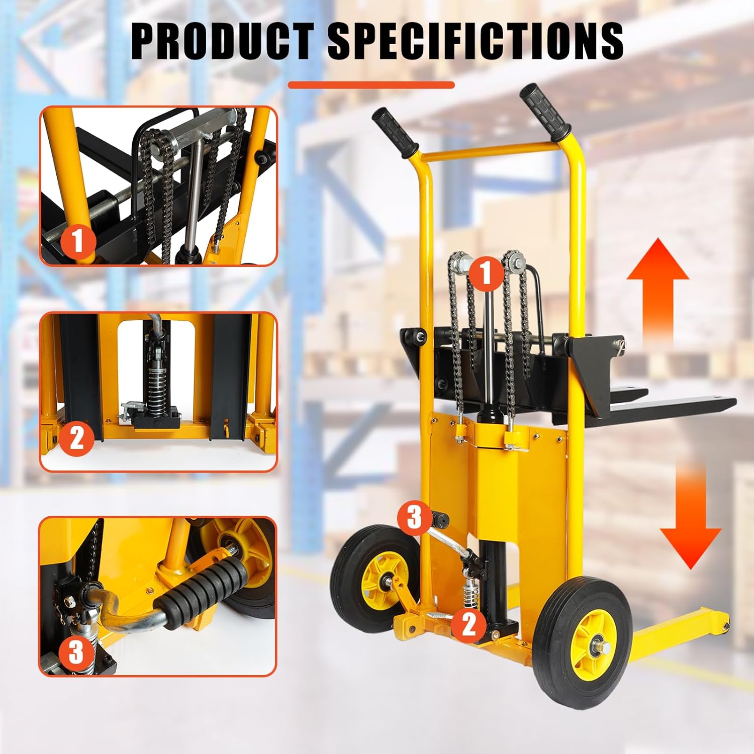 Legines Hydraulic Material Lift Truck Carrier Manual Lift Stacker Forklift Pallet Stakcer 440 lbs Capacity 35" Lift Height with Adjustable Forks and Fixed Legs,Pallet Truck Dolly Lift Table Fork Lift.