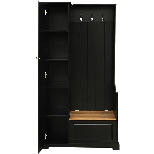 Stylish Design Hall Tree with Flip-Up Bench,Minimalist Hallway Shoe Cabinet with Adjustable Shelves,Coat Rack with Hanging Hooks for Entryways Mudroom,Black