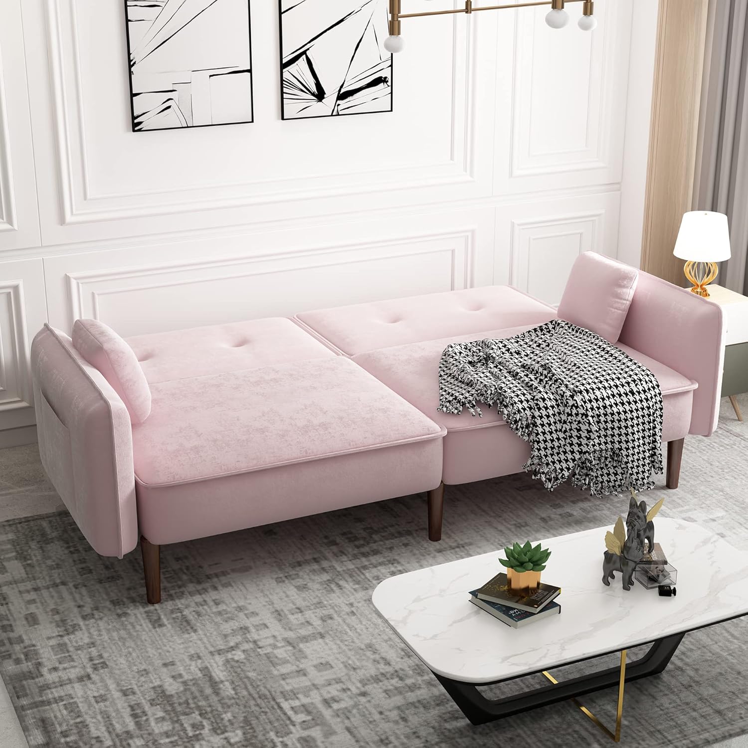 WILLIAMSPACE Futon Sofa Bed, Velvet Convertible Sleeper Sofa with Magazine Bag, Small Splitback Sofa with Tapered Solid Wood Leg, Padded Seat and Back, Loveseat Couch for Living Room, Pink
