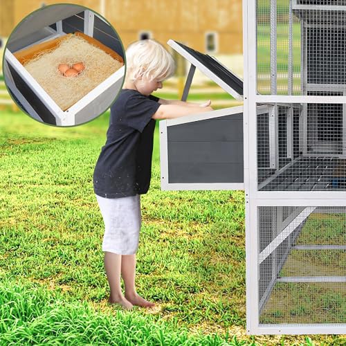 95''X80''X83'' Wooden Chicken Coop with Run – 3-Tier Walk-in Poultry House for 8-10 Chickens, Nesting Boxes, Pull-Out Trays & Rainproof Cedar Design – Gray Outdoor Backyard Cage