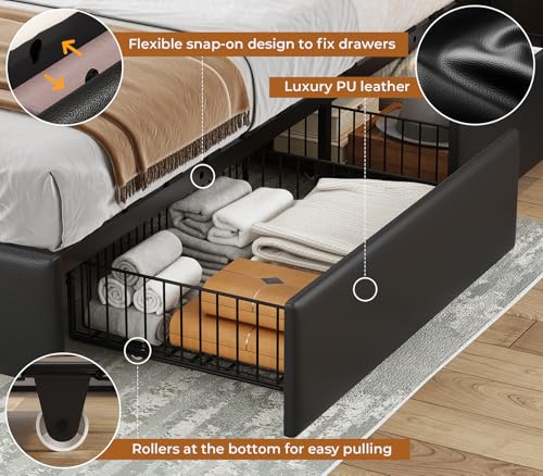 Itaar Queen Bed Frame with Storage Headboard and 4 Drawers, 50" High Upholstered Headboard with Hidden Storage, Platform Bed Frame with Led Lights and Charging Station, No Box Spring Needed, Gray