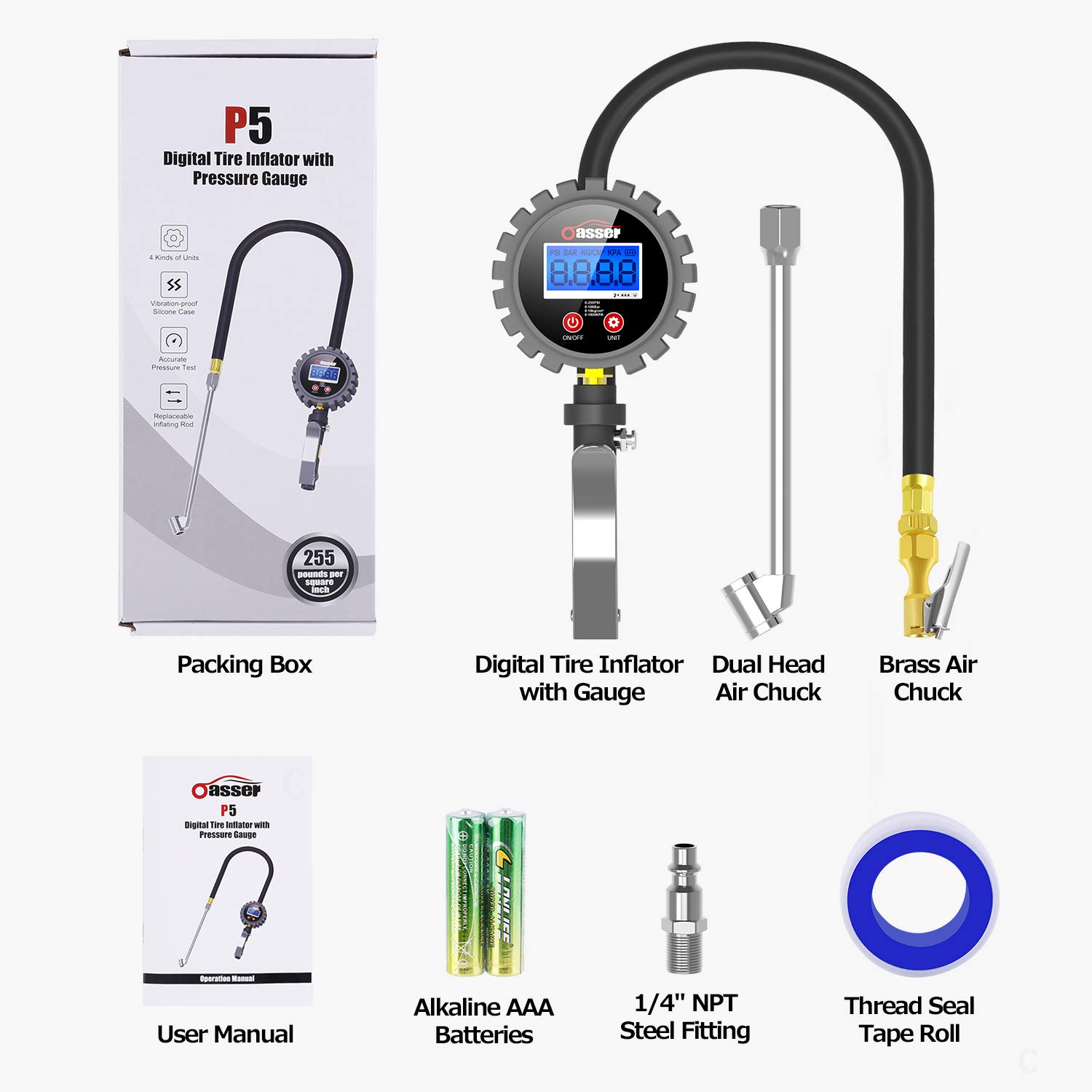 Oasser Tire Inflator with Gauge Tire Pressure Gauge Inflator 255PSI Air Compressor Accessories with Brass Air Chuck Dual Head Air Chuck 1/4" NPT Digital Backlit LCD P5