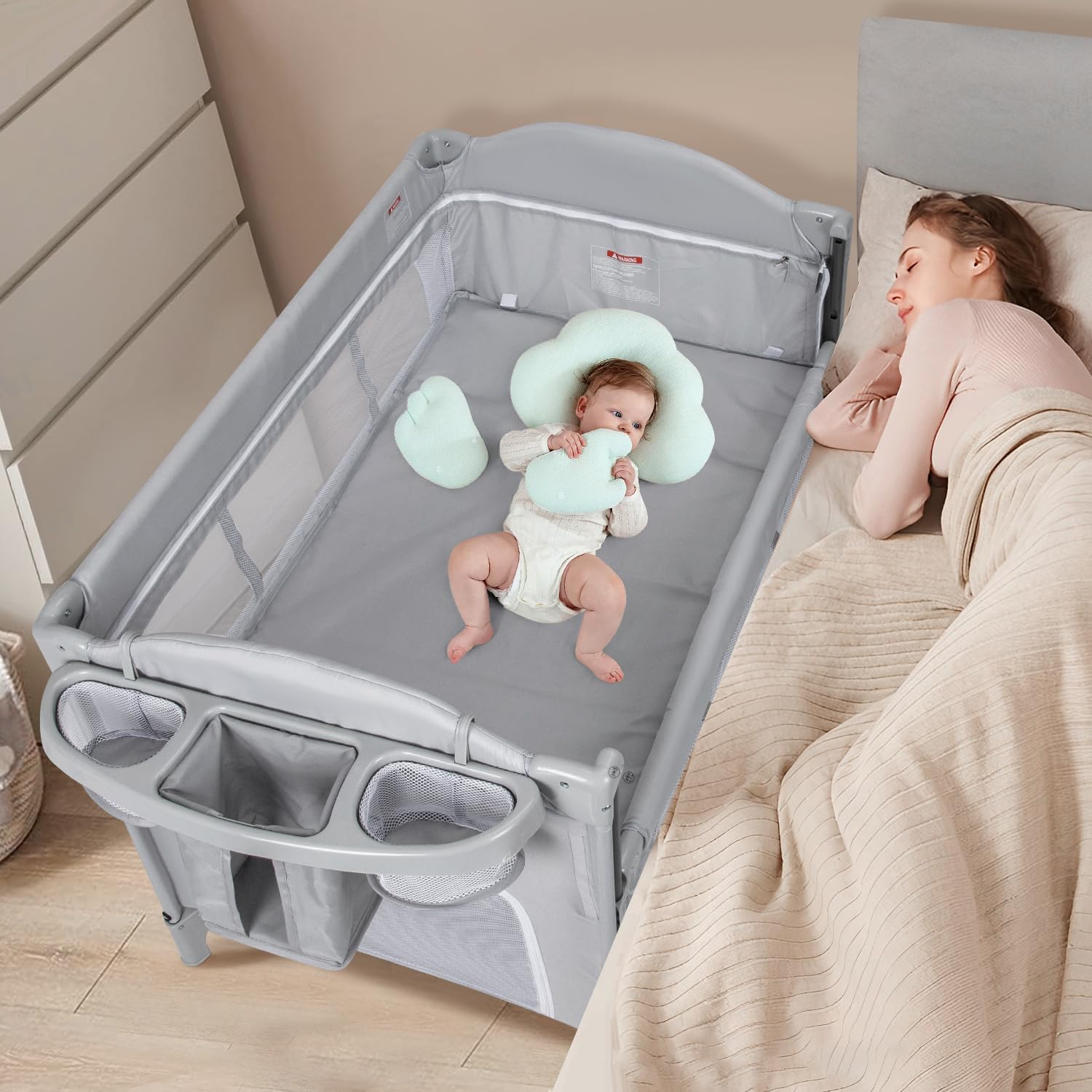 5-in-1 Playpen Portable Crib for Baby,Multifunction Bedside Crib from Newborn to Toddlers,U-Shaped Diaper Changer,Carry Bag,Music Mobile Baby Bassinet