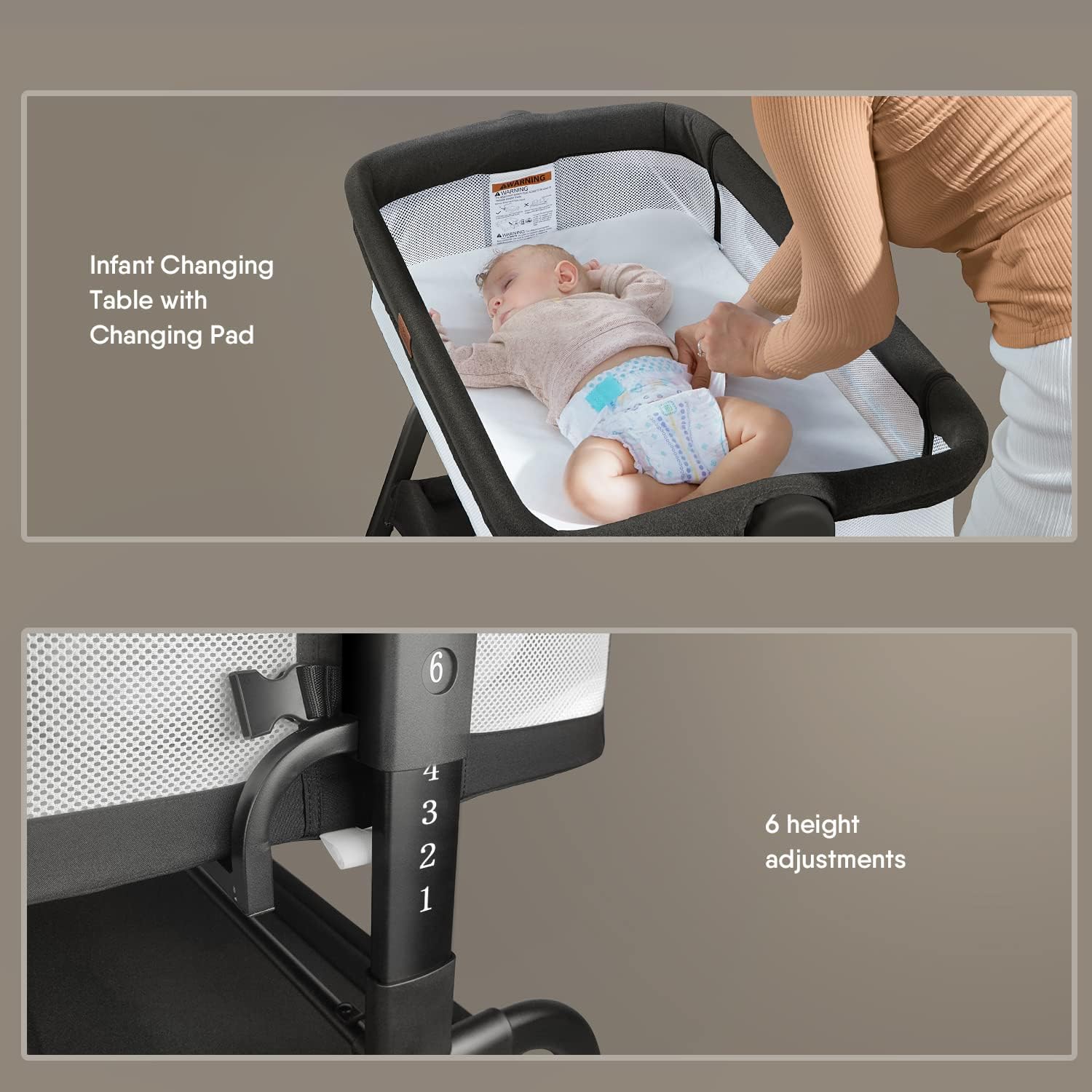 Baby Bassinet Bedside Crib, 3 in 1 Bassinet Bedside Sleeper with Soft Mattress and Breathable Sheet, 6 Height Adjustable Easy Folding Portable Bedside Bassinet for Newborn Infant