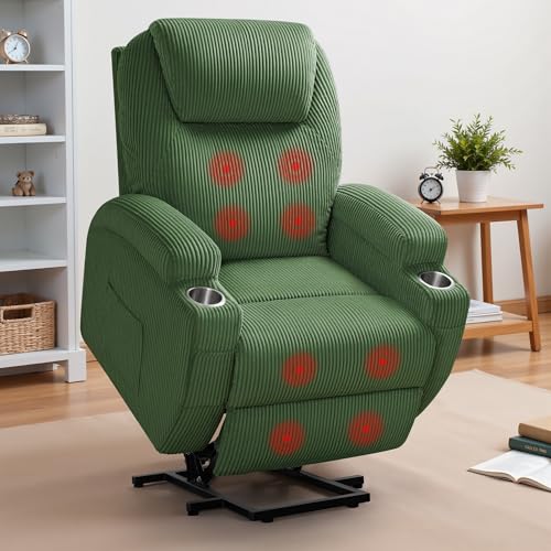 Flamaker Power Lift Recliner Chair PU Leather with Massage for Elderly Ergonomic Lounge Chair Classic Single Sofa with 2 Cup Holders Side Pockets Home Theater Seat (Leather, Light Black)