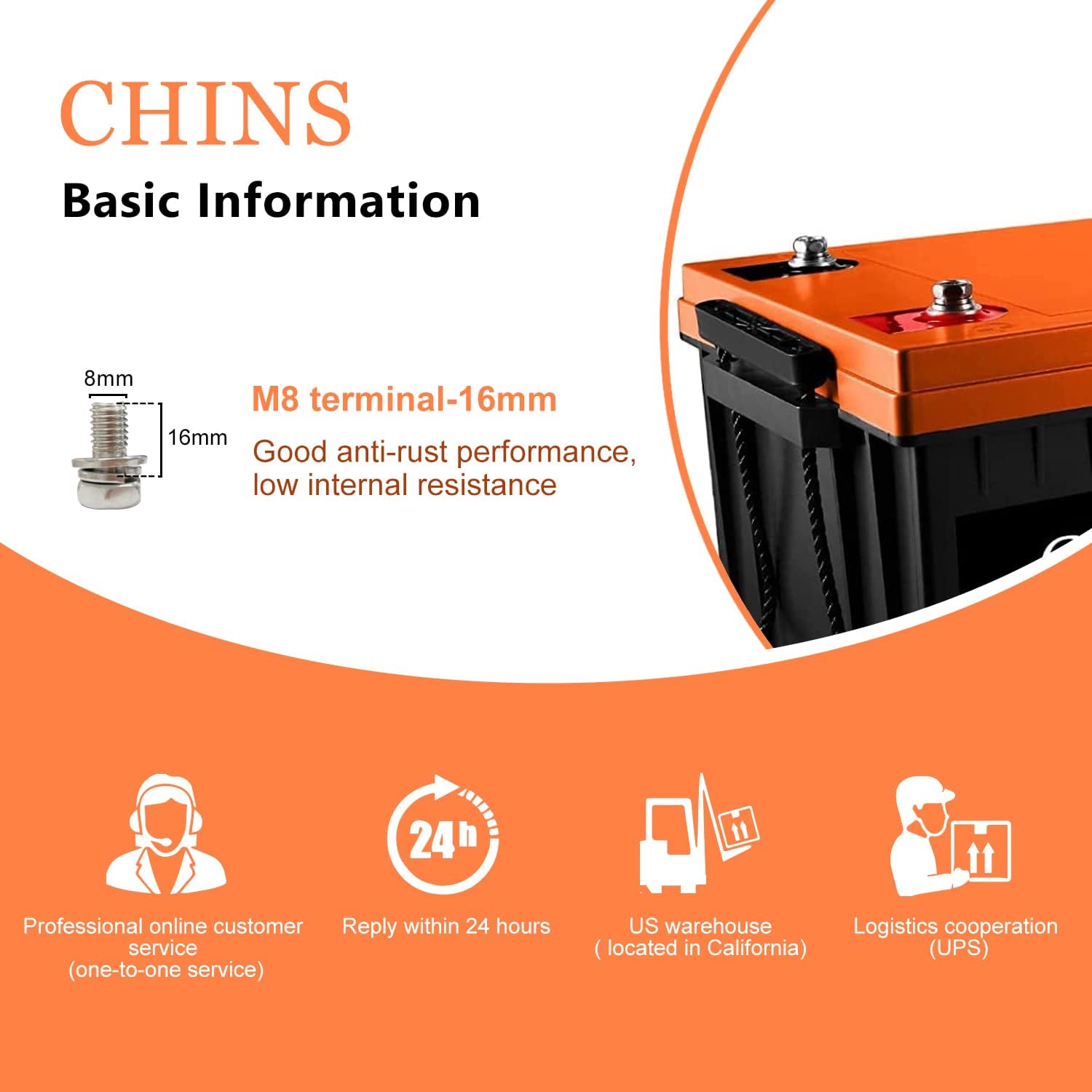 CHINS LiFePO4 Battery 24V 200Ah Lithium Battery - Built-in 200A BMS, 2000+ Cycles, Each battery Can Support 5120W Power Output, Perfect for RV, Home Storage and Off-Grid