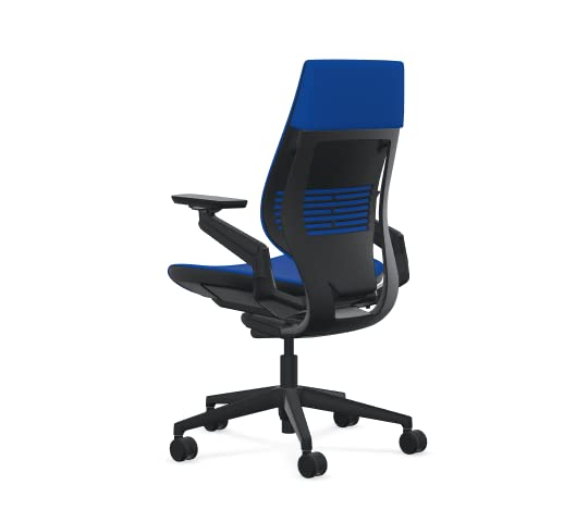 Steelcase Gesture Office Chair - Era Cobalt Fabric, Medium Seat Height, Wrapped Back, Black on Black Frame, and Standard Carpet Casters