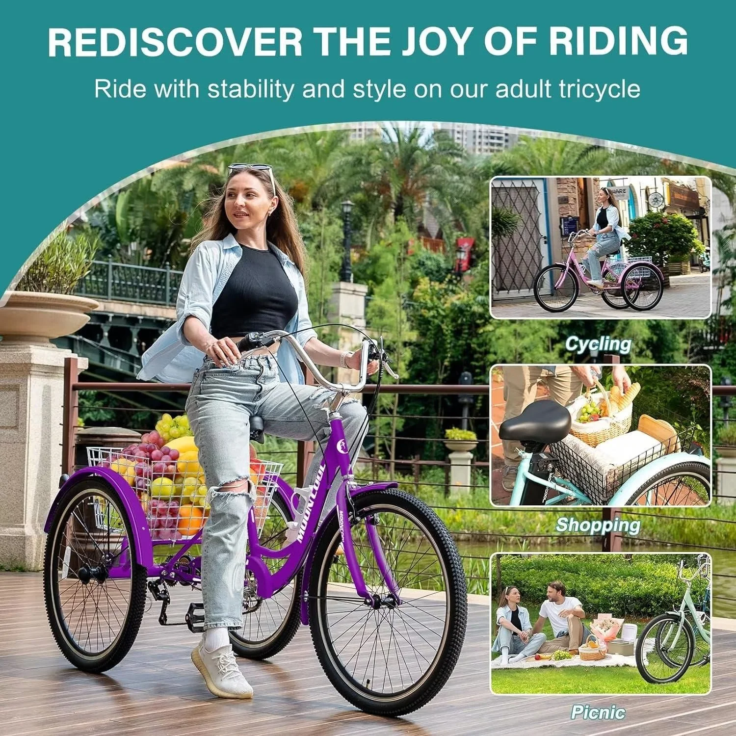 MOPHOTO Adult Tricycles 3 Wheel 7 Speed Trikes, 20/24/26 inch with Big Basket for Shopping, Picnics Exercise Men's Women's Senior's Trike