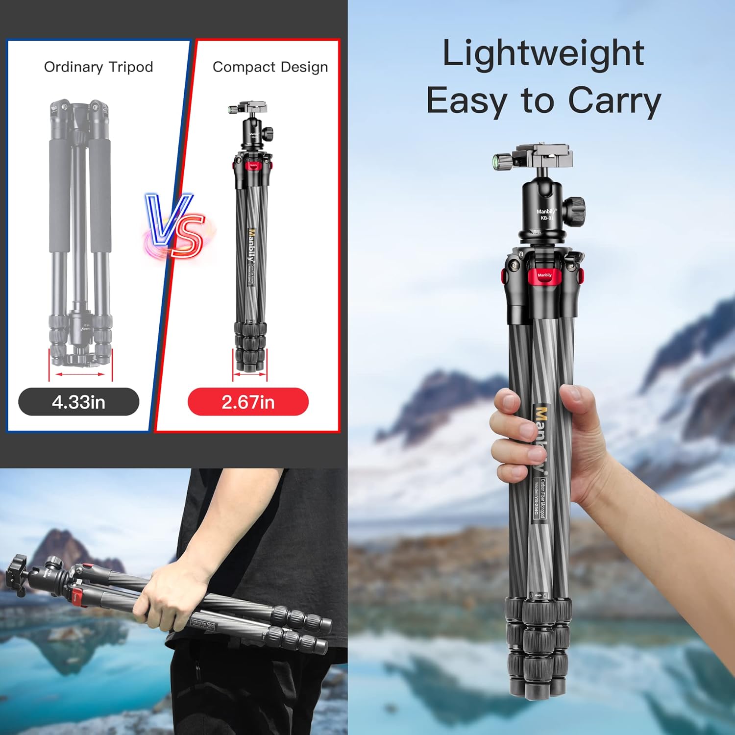 Manbily 63 Carbon Fiber DSLR Camera Tripod Monopod Kit,Compact and Lightweight,360-degree Panoramic Ball Head Quick Release Plate,5 Seconds Quickly Invert The Center Column,for Travel Work(YS-254C)