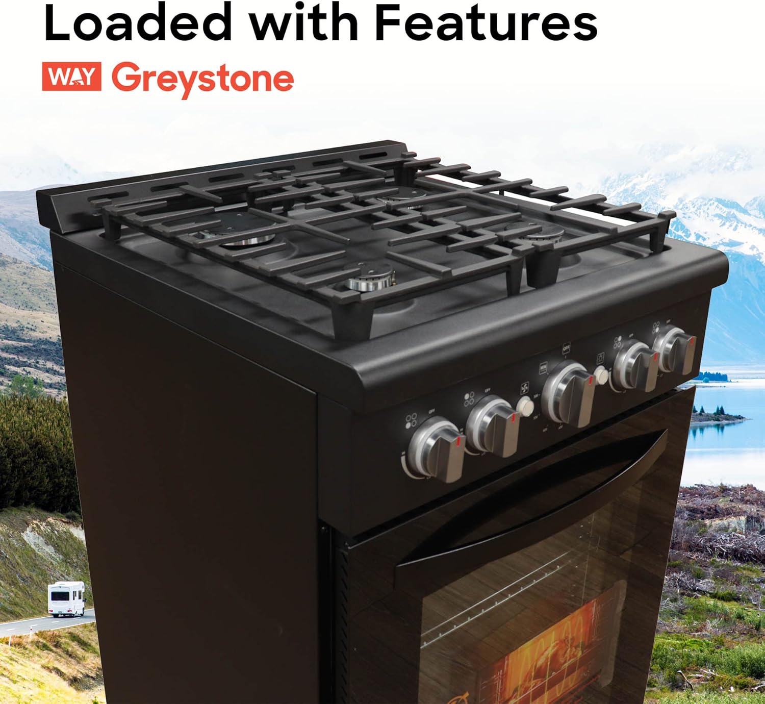 Greystone, 24 Inch Slide-In RV Gas Range, Stove and Oven Combo, 110 Volt, LP, 4 Burners, Black