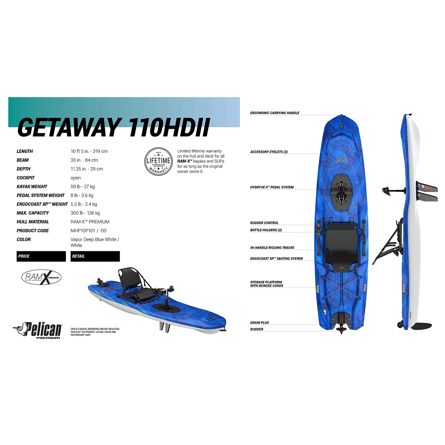 Pelican - Getaway 100 HDII - Sit-on-Top Recreational Pedal Kayak - 10 ft - Vapor Deep Blue/White