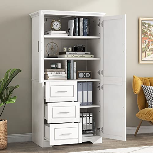 Dolonm 62 Inch Pantry Cabinet, Kitchen Pantry Storage Cabinets with Shelves and Feet, Wood Storage Cabinet with Drawer & Doors, White Pantry Storage Cabinet for Kitchen, Dining Room, Bathroom (White)