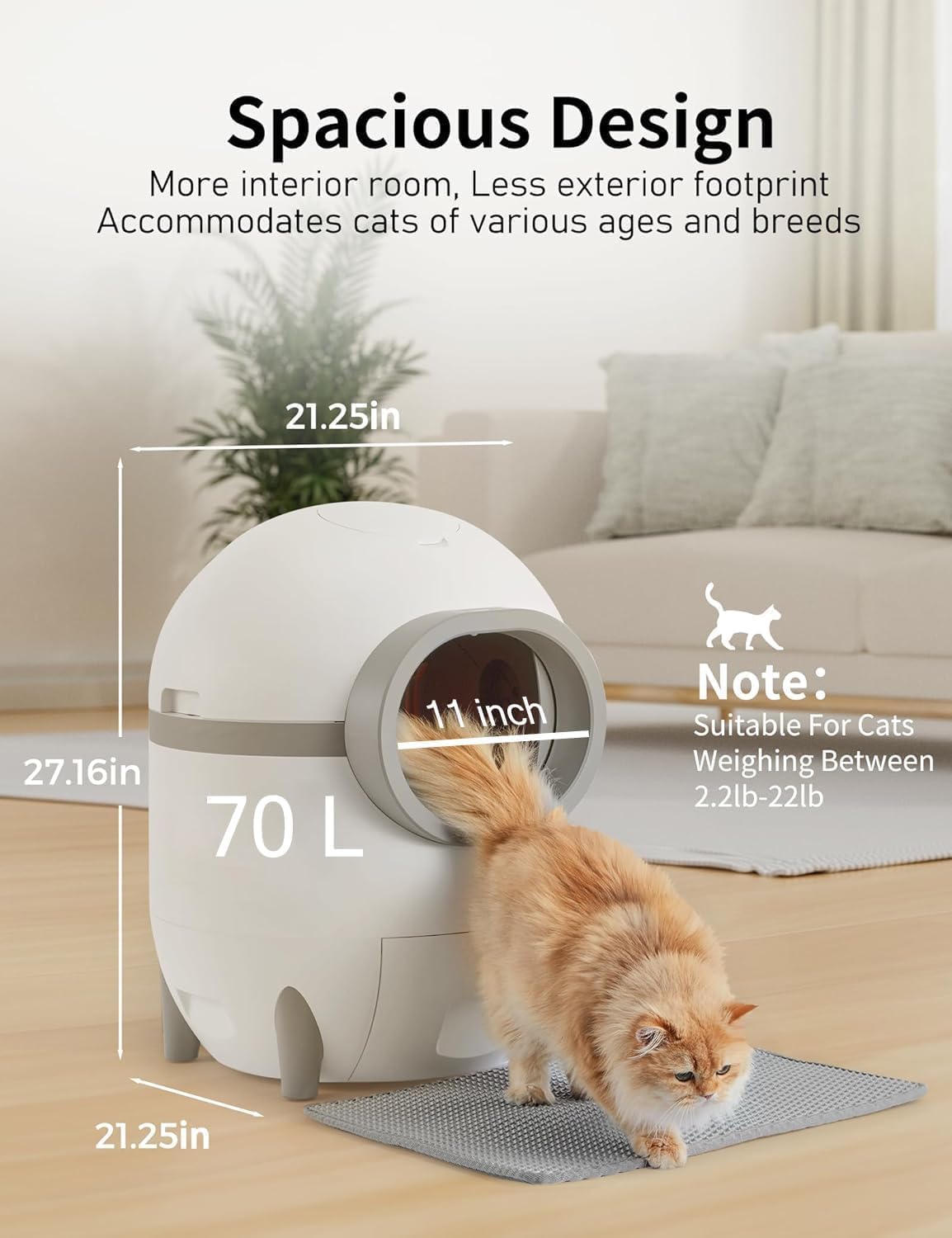 Automatic Self Cleaning Cat Litter Box, 70L Cat Litter Box with 15L Extra Large Waste Drawer for Multiple Cats, Smart APP Control/Safety Protection/Odor Removal Extra Large Capacity Cat Litter Box