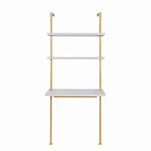 Nathan James Theo 2-Shelf Industrial Wall Mount Ladder Small Computer or Writing Desk, White/Gold Brass