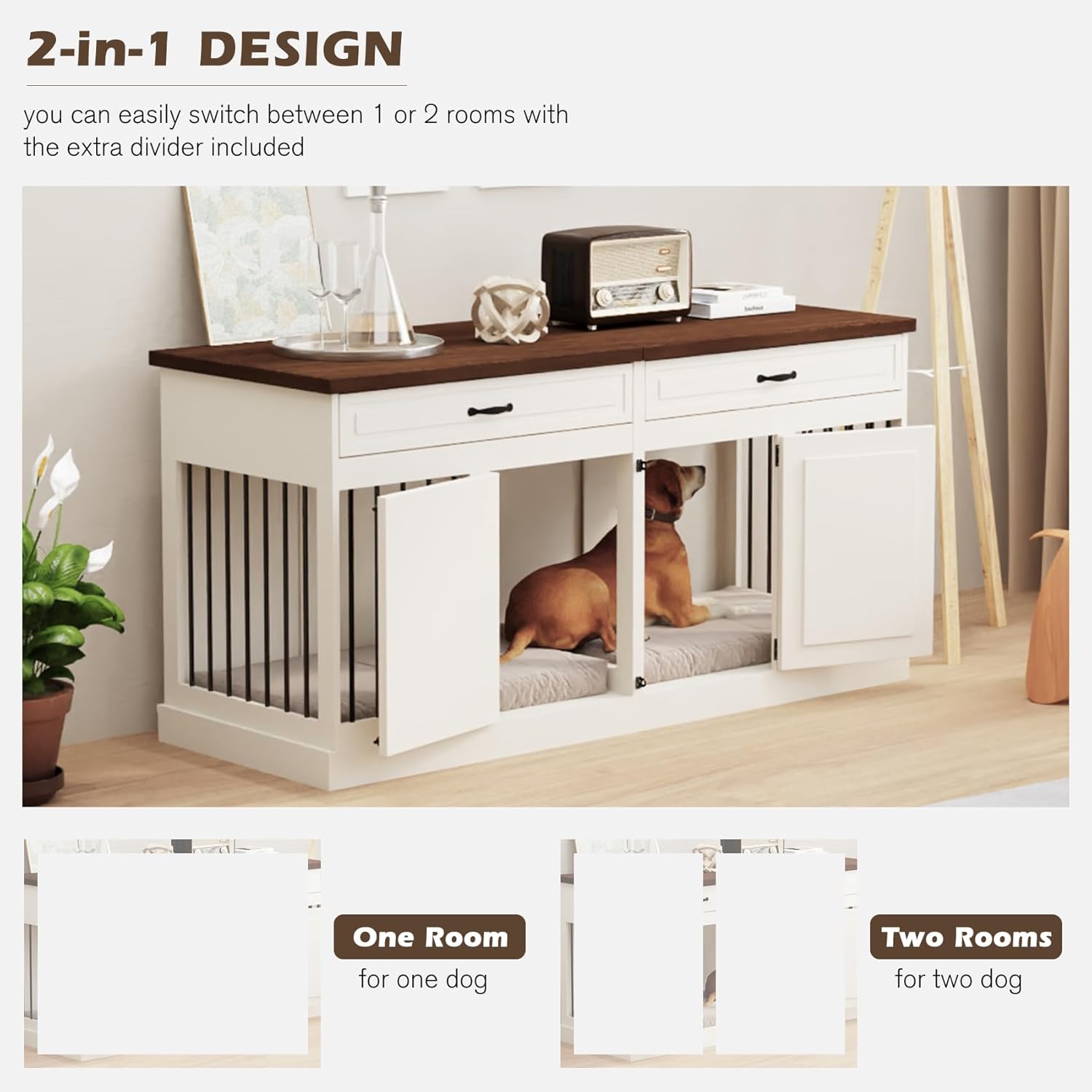 Dog Crate Furniture - Indoor Heavy Duty Wooden Furniture Style Dog Crate with 2 Doors, Room Divider and 2 Drawer - 63" Lx23.6 Wx31.5 H, White