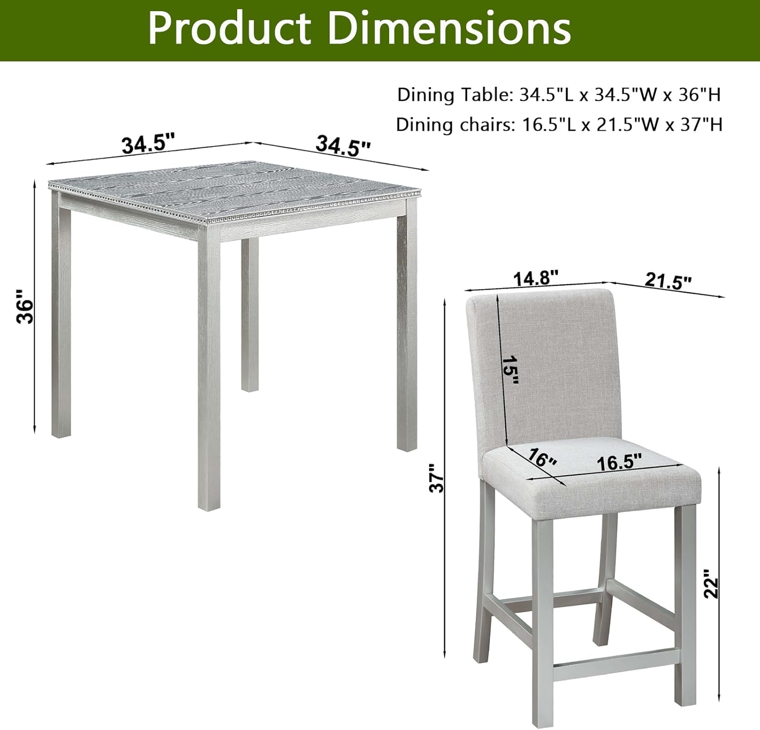 5-Piece Acacia Wood Counter Height Dining Table Set, 34.50'' Square Dining Table and 4 Upholstered-Seat Chairs, 4 Person Kitchen Dining Room Furniture Dinette Table Set, Space Saving (Grey-A2)
