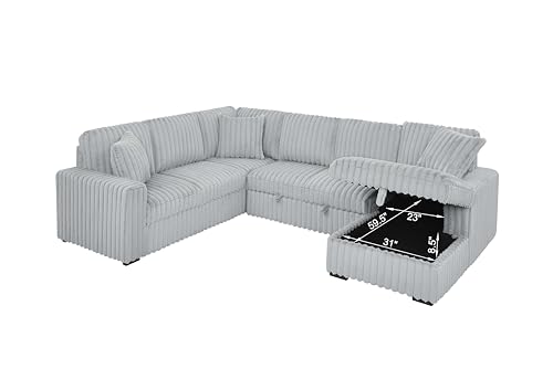 roomfitters 122 Inch Pull Out Couch, Rabbit Plush Fabric Sofa Bed with USB Ports & Comfy Upholstered, Oversized U Shape Sectional Sleeper Sofa Bed with Storage Chaise, Khaki