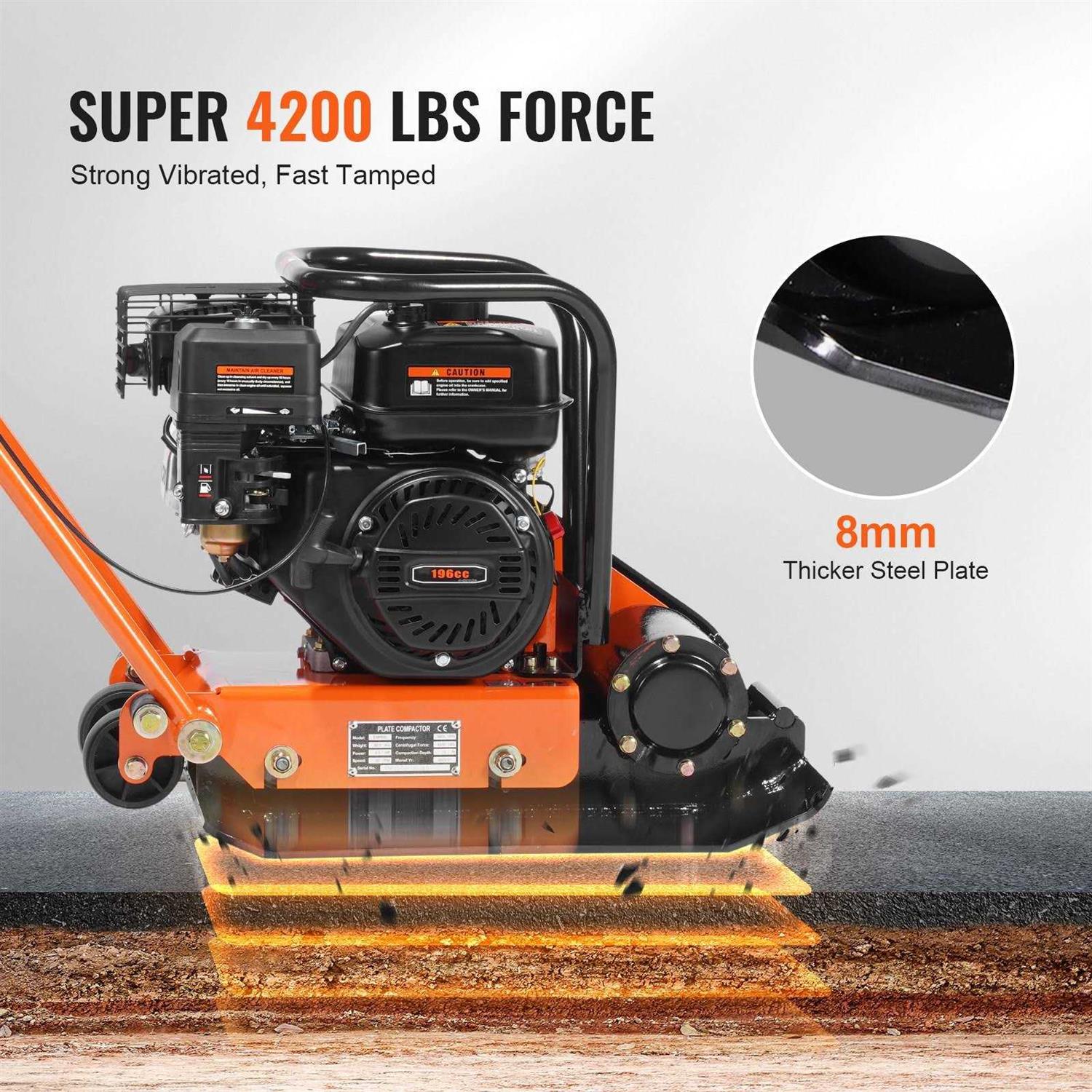 VEVOR Plate Compactor 6.5 HP 196cc Gas Engine 5,600 vpm 4,200 lbs Force Vibratory Compaction Tamper with 22.1 x 15.9 in Plate for Walkways - Shop Hardware Tools Online Store