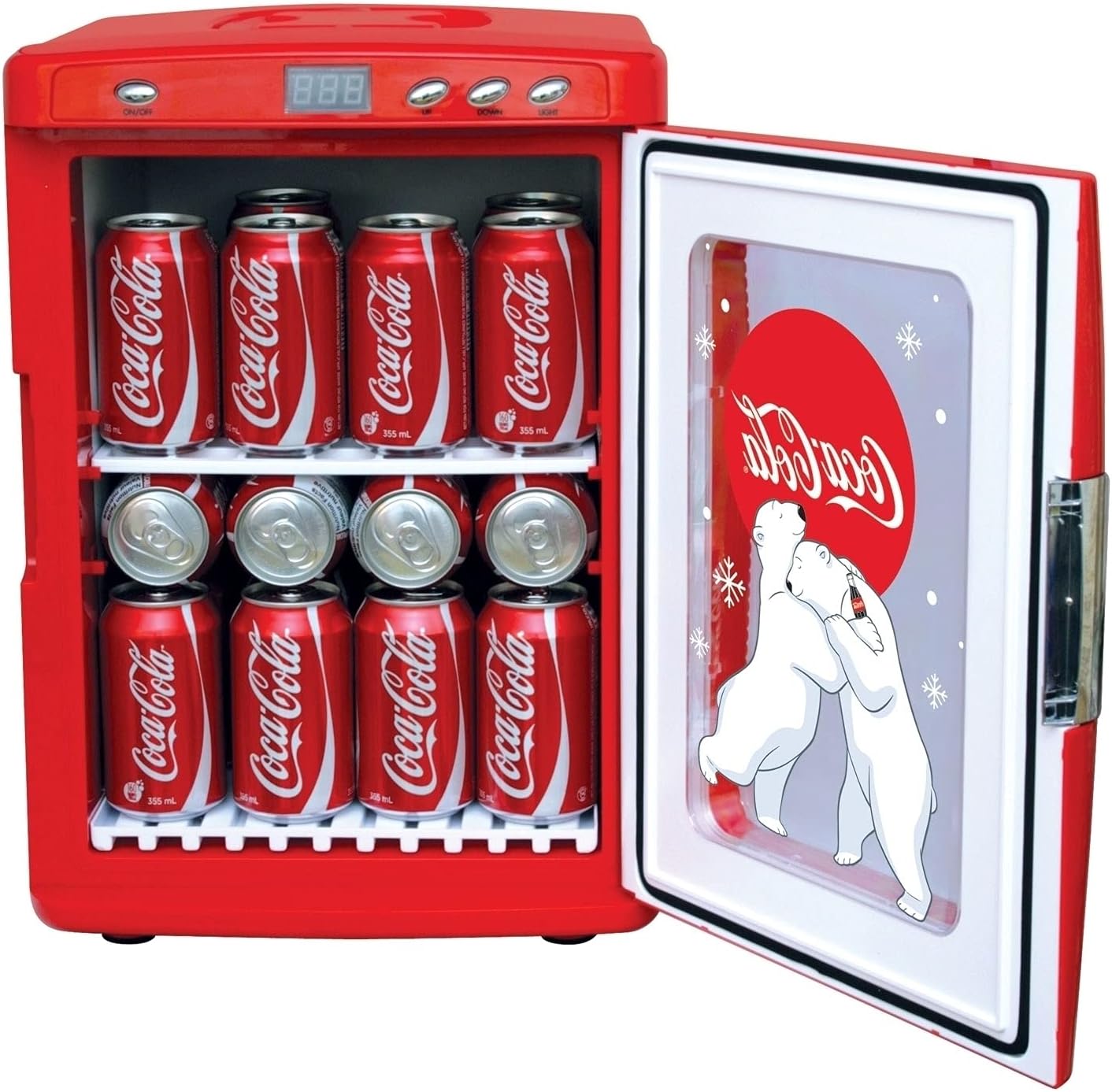 Coca-Cola Polar Bear 28 Can Cooler/Warmer w/ 12V DC and 110V AC Cords, 25L (28 qt) Portable Mini Fridge w/Display Window, Travel Refrigerator for Snacks Lunch Drinks, Desk Home Office Dorm, Red