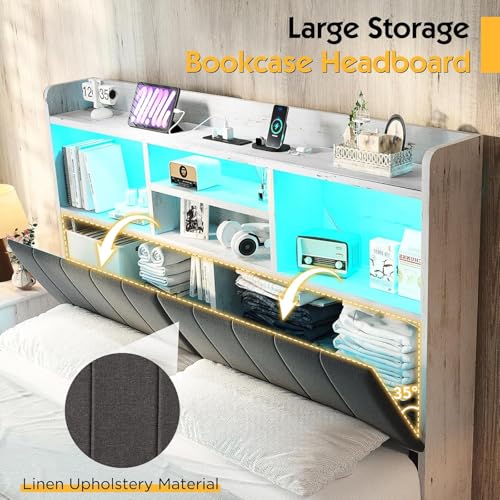 Full Farmhouse Bed Frame with Bookcase Headboard and 4 Drawers, LED Storage Bed with Charging Station & Linen Upholstered, No Box Spring Needed, Black