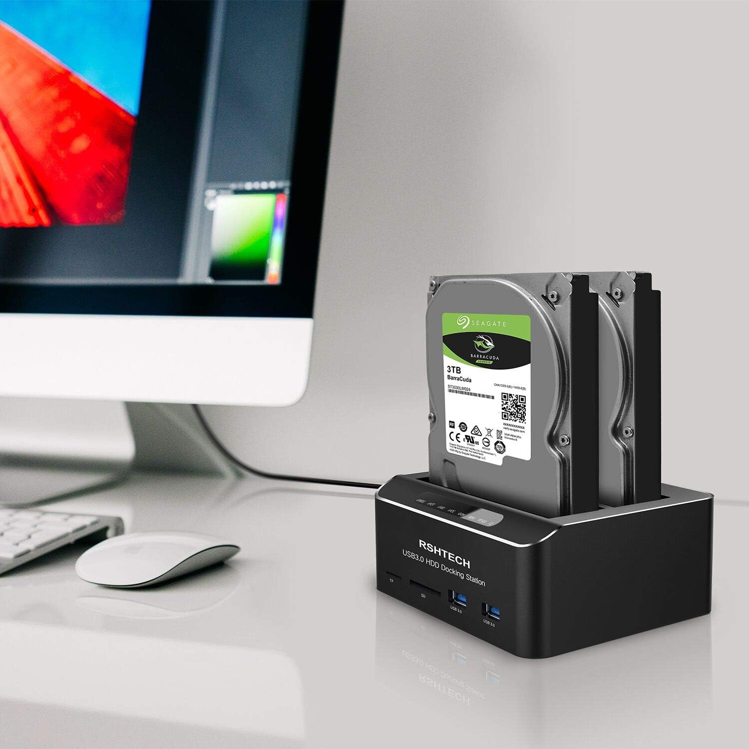 Hard Drive Docking Station RSHTECH USB 3.0 Aluminum Dual Bay Hard Drive Dock for 2.5 & 3.5 SATA HDD SSD with SD TF Card Reader and Offline Clone/Duplicator Function Support 16TB Tool-Free Pack of 2