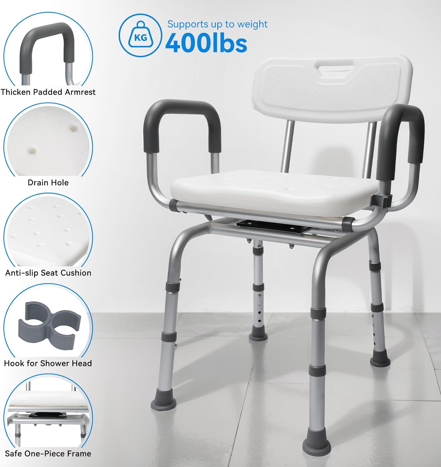 LUNYEE 360° Swivel Shower Chair for Elderly and Disabled Support 400lbs Non-Slip Sliding Shower Chair for Inside Shower with Bath Rug & Back Scrubber Bath Chairs for Seniors Tub with Arms and Back