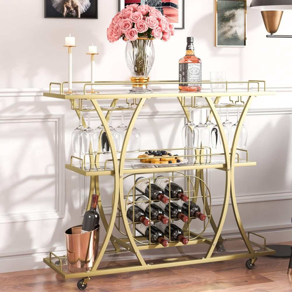 Gold Metal Bar Serving Cart with Wine Rack Glass Holder - 3 Tiers, 180 LBS Capacity - Perfect for Home Parties, Events, and Entertaining Guests