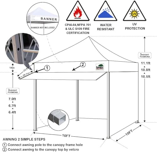 Eurmax USA 10 x 10 Pop up Canopy Commercial Tent Outdoor Party Canopies with 4 Removable Zippered Sidewalls and Roller Bag Bonus 4 Canopy Sand Bags & 24 Squre Ft Extended Awning(Black)