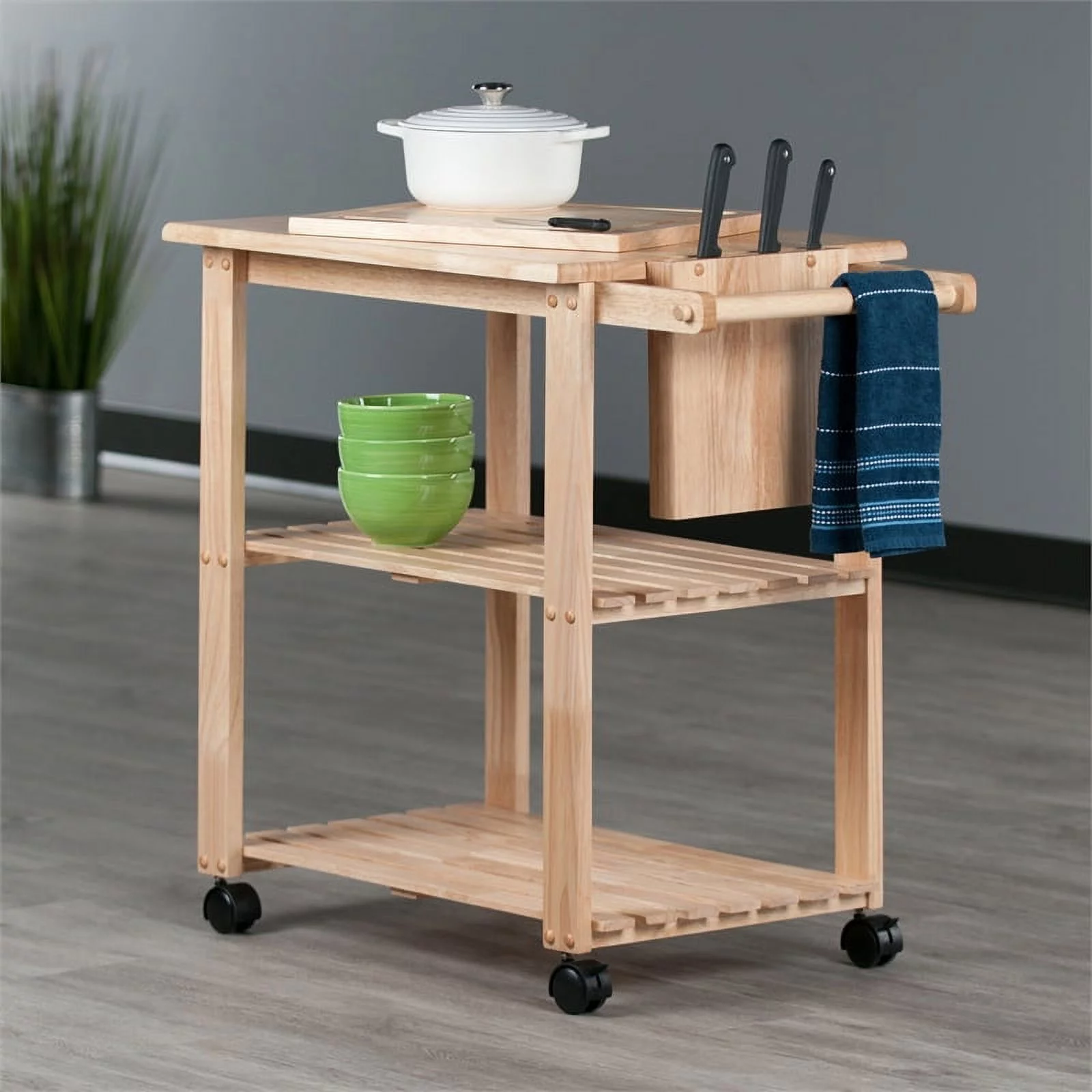Pemberly Row Transitional Wood Utility Butcher Block Kitchen Cart in Natural