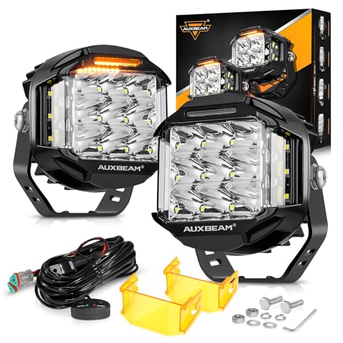 Auxbeam V-MAX Series 72W LED Pod Driving Lights, 4x2.5 Inch Rectangle Side Shooter Offroad Cube Spotlights with Amber DRL, 270° Combo Beam 6 Modes White/Amber/Yellow Auxiliary Lights with Covers