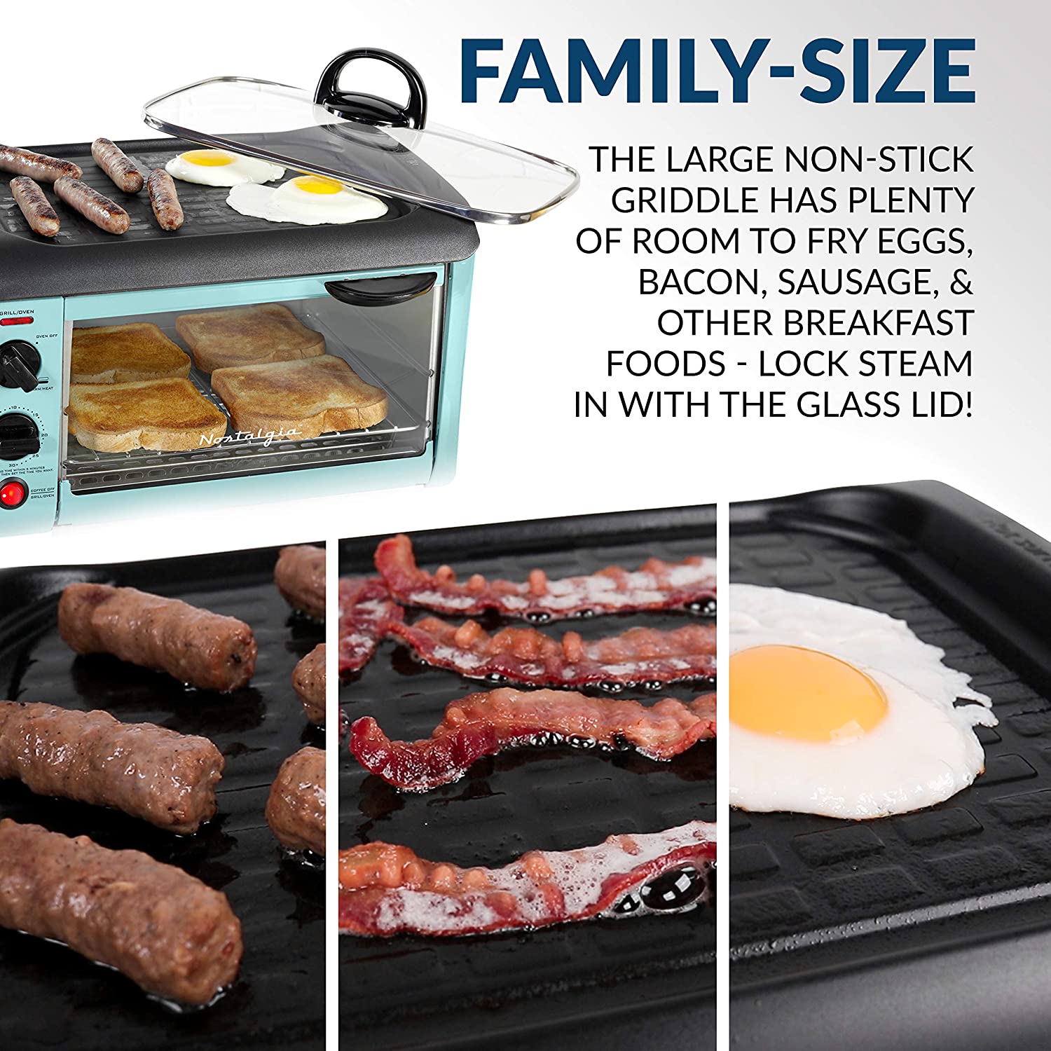 NOSTALGIA BSET300AQ Retro 3-in-1 Family Size Breakfast Station, Coffeemaker, Toaster Oven, Griddle, Aqua