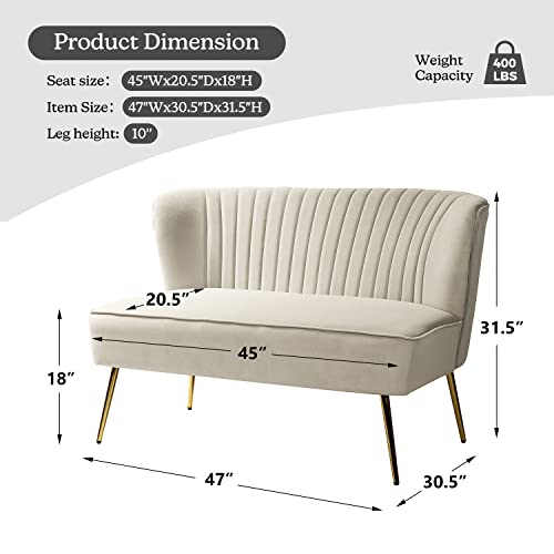 TINA'S HOME Contemporary Velvet Loveseat Sofa, Upholstered Loveseat Couch with Golden Metal Legs, Small Tufted 2-Seat Sofa Armless Love Seat for Living Room, Bedroom, Apartment Small Spaces, TAN
