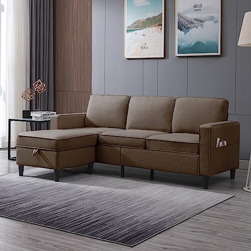 BALUS 78" W Convertible Combination Sofa, L-Shaped Sofa, Linen Couch with Reversible Storage Ottoman, Living Room Small Space Apartment (Light Grey)