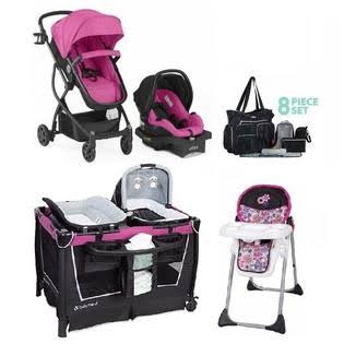 Baby Trend / Urbini Baby Girl Stroller Car Seat with Base Playard Diaper Bag Chair Pink Combo Set