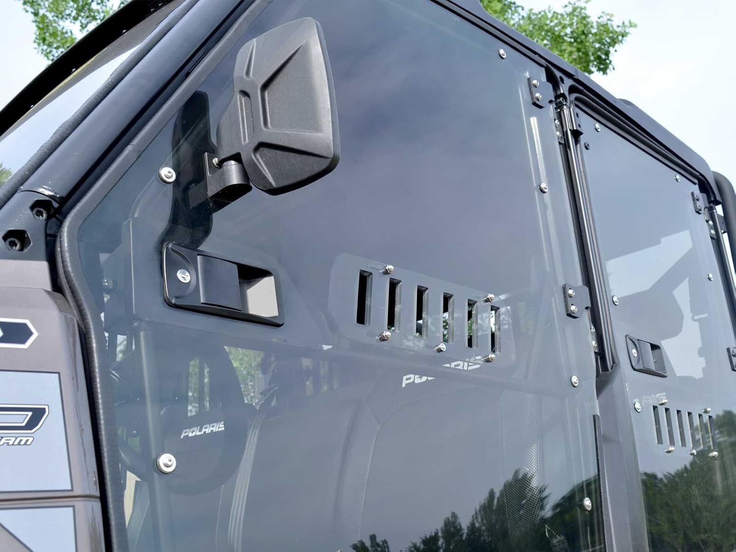 SuperATV Polaris Ranger Cab Enclosure Vented Doors (See Fitment) - Made of Lightly Tinted Scratch-Resistant 1/4 Thick Polycarbonate - Sliding Vents - Includes Bolt-On Side View Mirrors - Made in USA