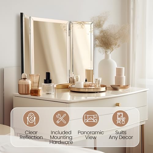 Houseables 3 Way Mirror, Trifold Vanity Mirrors, 21" x 31", 360 Degree View, Tri Fold, Triple Sided, 3way, Table Top, Wall Mount, Standing, Foldable, for Makeup, Braiding Hair, Desk, Bathroom, Bedroom