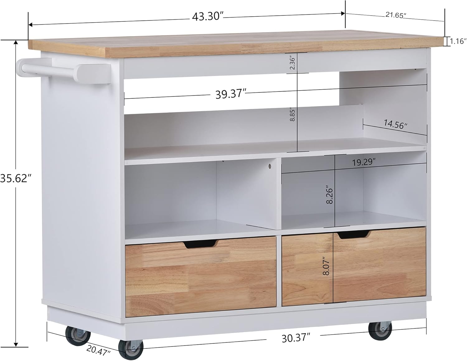 Rolling Kitchen Island with Storage, Two-Sided Kitchen Island Cart on Wheels with RubberWood Top,Wine and Spice Rack, Large Kitchen Cart with 2 Drawers, 3 Open Compartments, White