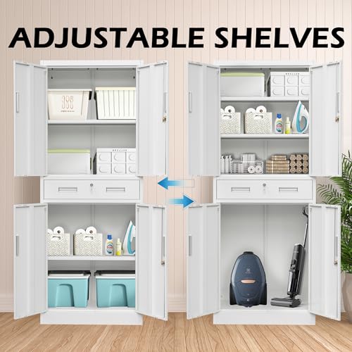 Metal Storage Cabinet, 71" H x 28" W x 16" D Locking Storage Cabinet with Adjustable Shelves and One Drawer, Steel Storage Cabinet for Office, Garage, Home, School, Utility (Black)