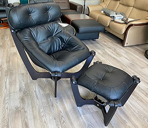 IMG Luna High Back Black Leather Chair and Ottoman - Prime P301 Black Leather Espresso Wood