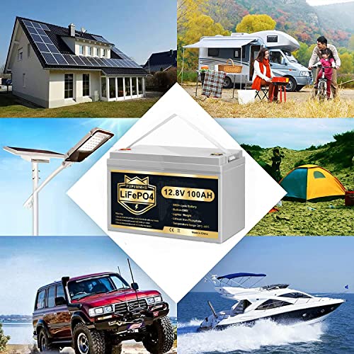 12V 100Ah LiFePO4 Deep Cycle Battery, 100Ah Lithium Battery Built-in BMS, Rechargeable 12V LiFePO4 Battery for Solar Home, RV, Camping, Golf Car, Backup Power, Fish Finder, Boat, Marine