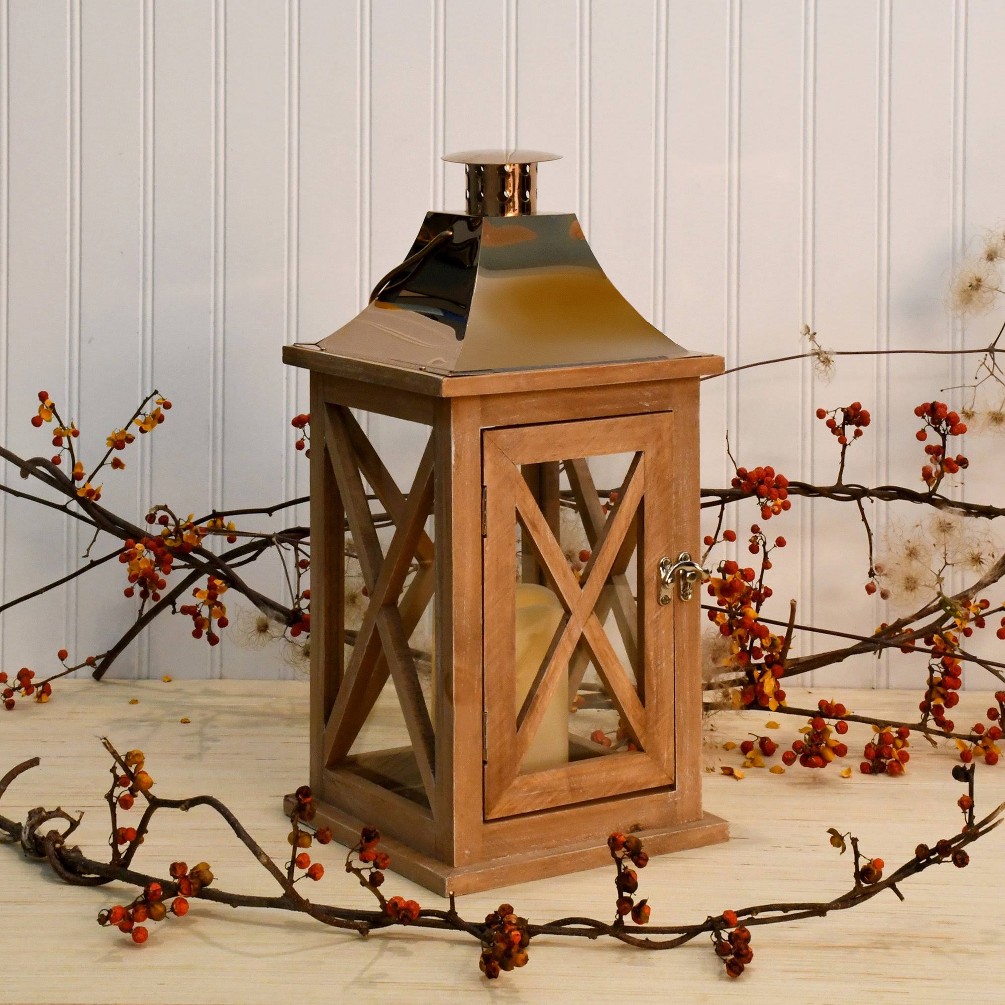 Lumabase Natural Wooden Lantern with Copper Roof and LED Candle - Brown