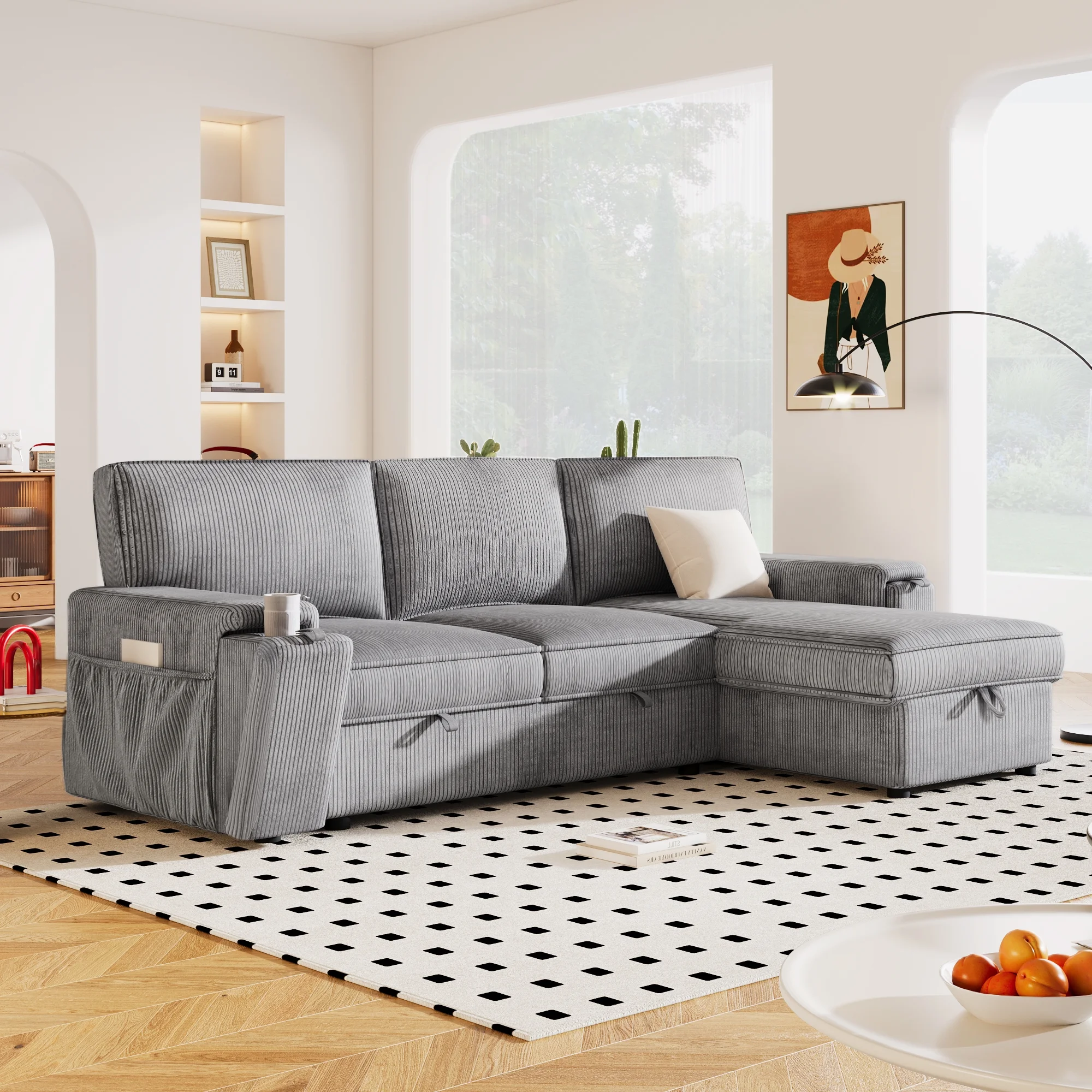 EUROCO 96.1" L-Shape Convertible Sleeper Sectional Sofa with Pull-Out Bed ,Storage Chaise and 2 Cup Holders, Corduroy Upholstered Reversible Corner 3 Person Couch, for Living Room, Apartment,Gray