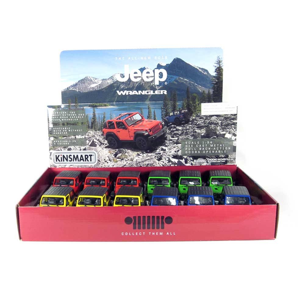 5x22 Die-Cast Box of 12: 2018 Jeep Wrangler Rubicon Hard Top (Blue, Green, Red and Yellow)
