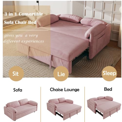 Convertible Pull Out Sofa Couch Bed with Mattress, 54'' Velvet 2-Seater Loveseat Sleeper, Futon Couches Pull Out Bed, Pop Up Daybed Sofa Bed with Storage Pockets for Living Room Small Space (Pink)