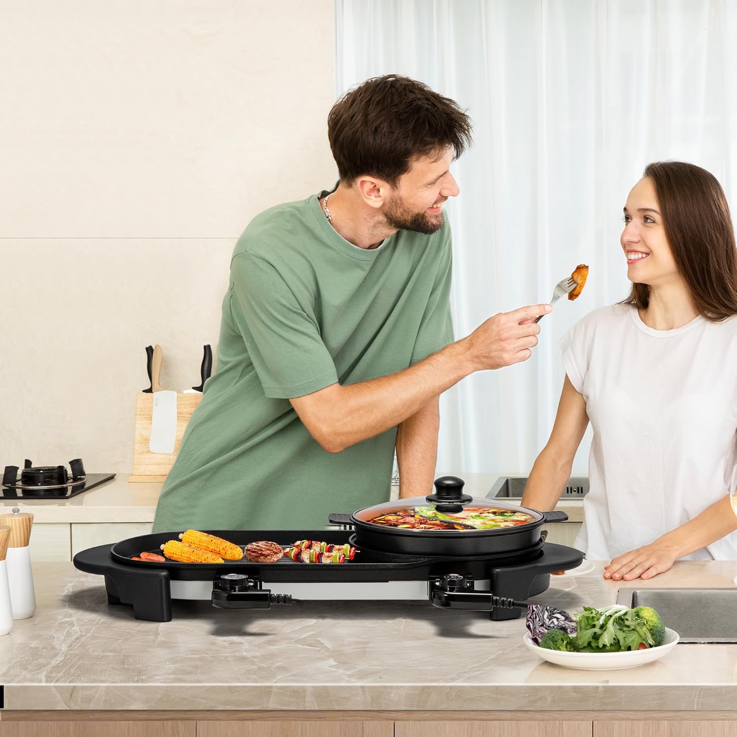 VIVOHOME 2200W Electric Hot Pot with Grill, Removable Shabu-shabu Pot w/Non-stick Baking Pan, Separate Temperature Control 2-IN-1 Hotpot BBQ for 1-6 People Family Dinning